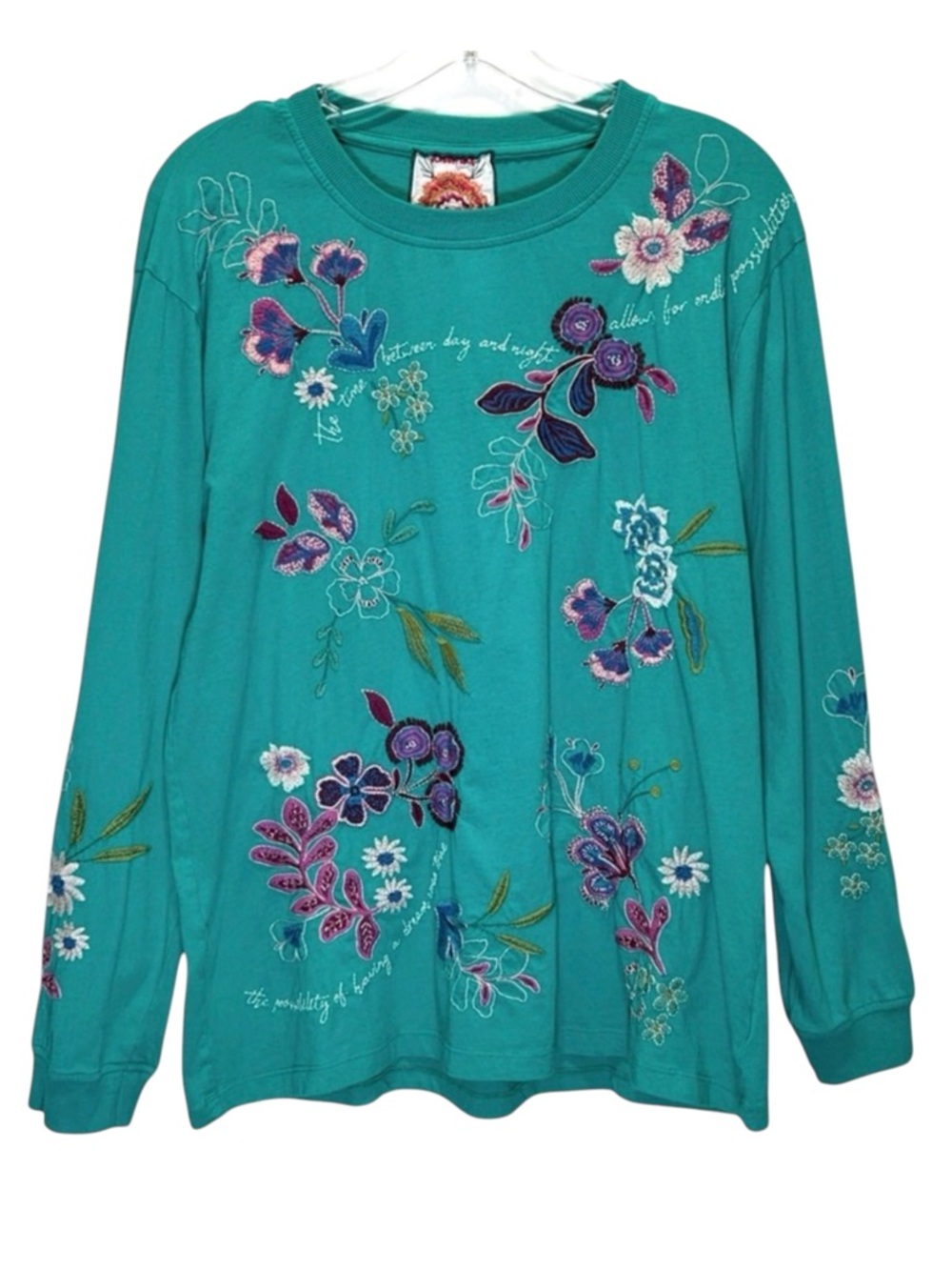 Johnny Was Teal Shilo Relaxed Long Sleeve Tee, Multicolored Embroidery - Medium
